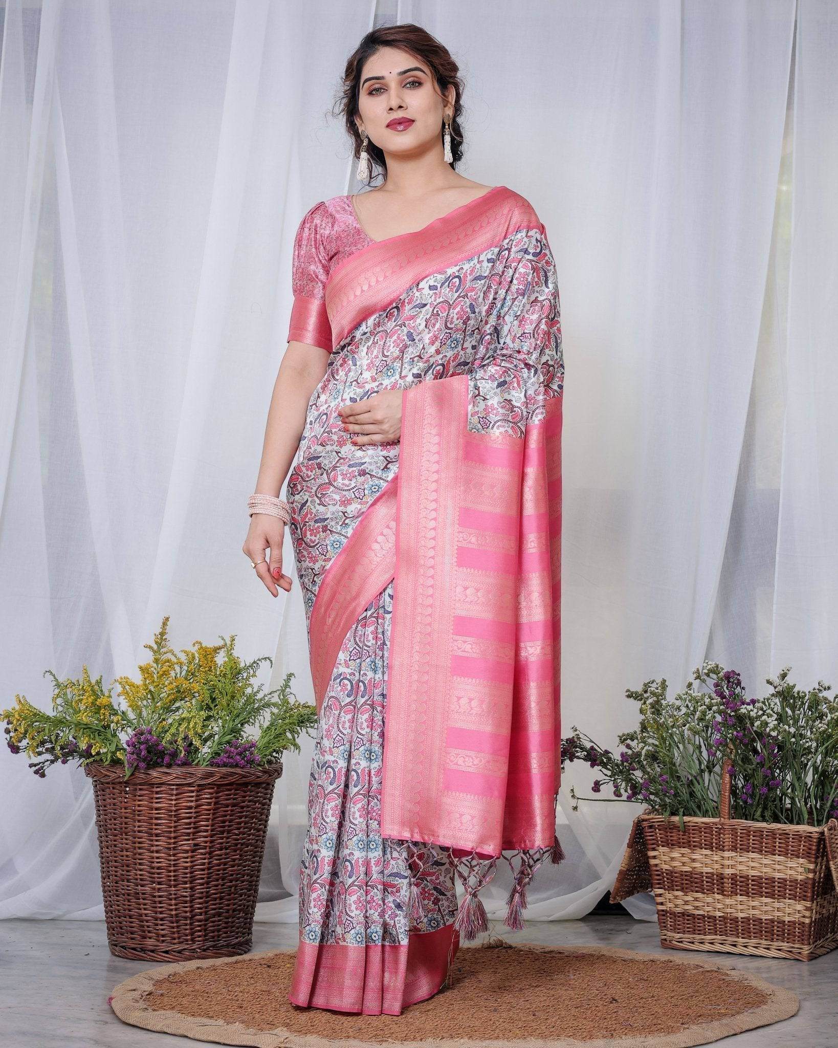 Ivory Banarasi Silk Saree with Vibrant Paisley Digital Print, Pink Zari Border & Tassel Pallu - SEEANS