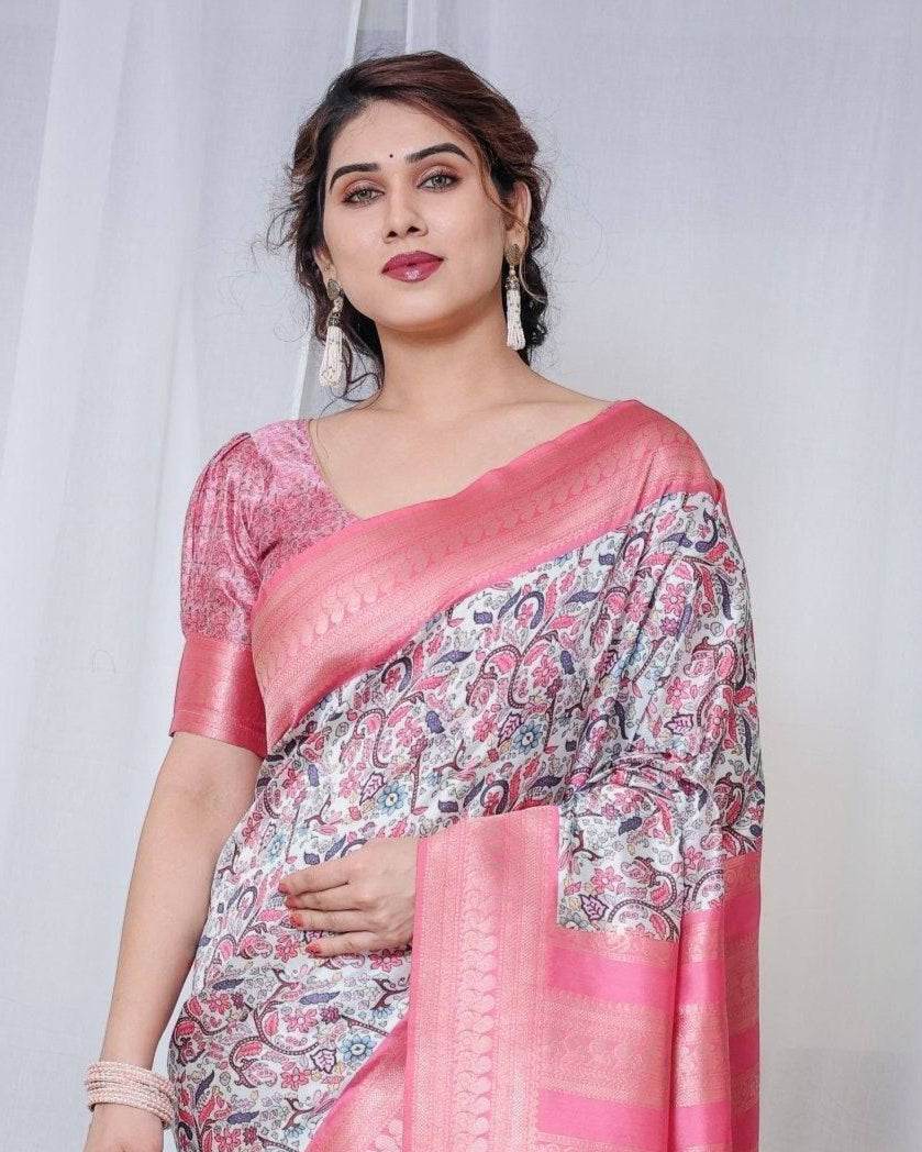 Ivory Banarasi Silk Saree with Vibrant Paisley Digital Print, Pink Zari Border & Tassel Pallu - SEEANS