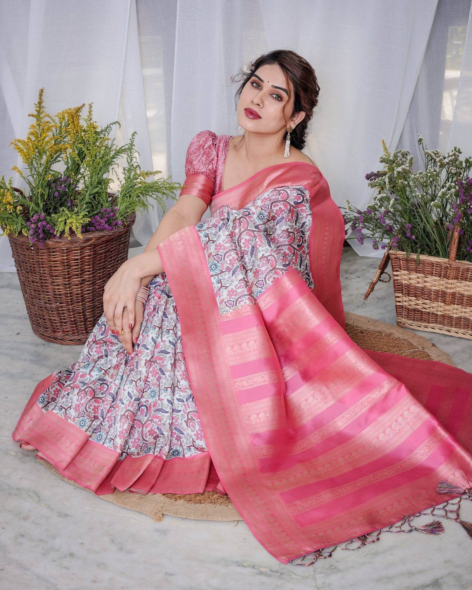 Ivory Banarasi Silk Saree with Vibrant Paisley Digital Print, Pink Zari Border & Tassel Pallu - SEEANS