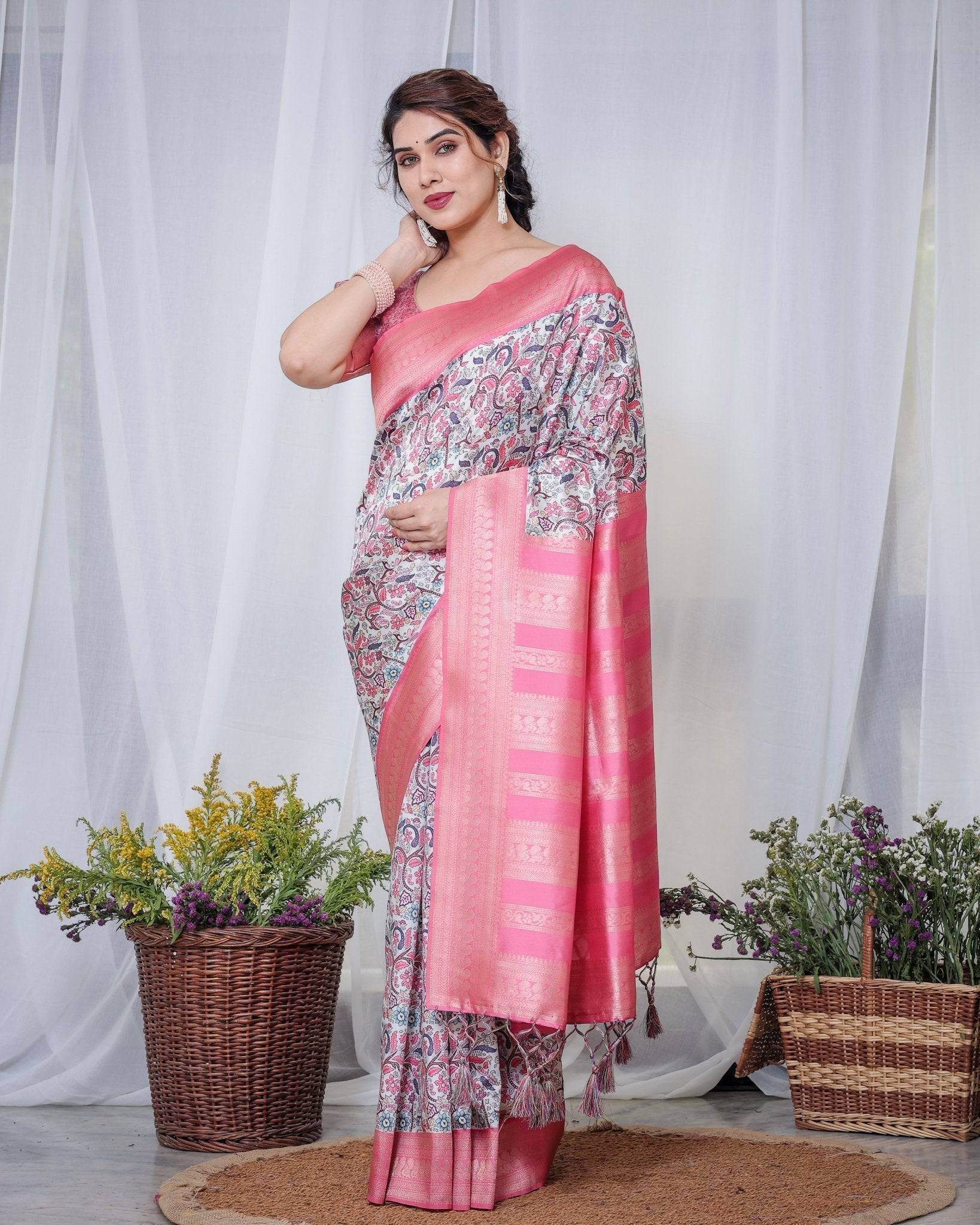Ivory Banarasi Silk Saree with Vibrant Paisley Digital Print, Pink Zari Border & Tassel Pallu - SEEANS