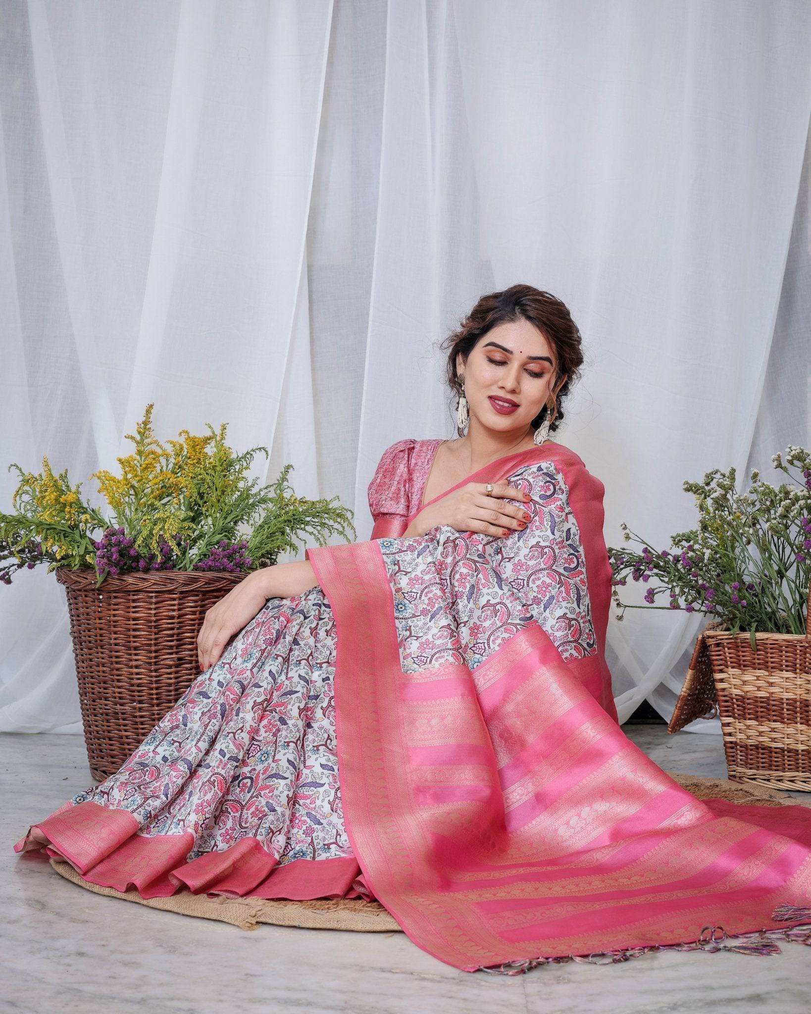 Ivory Banarasi Silk Saree with Vibrant Paisley Digital Print, Pink Zari Border & Tassel Pallu - SEEANS