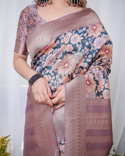 Lilac Banarasi Silk Saree with Pastel Floral Digital Print, Zari Border & Tassel Pallu - SEEANS