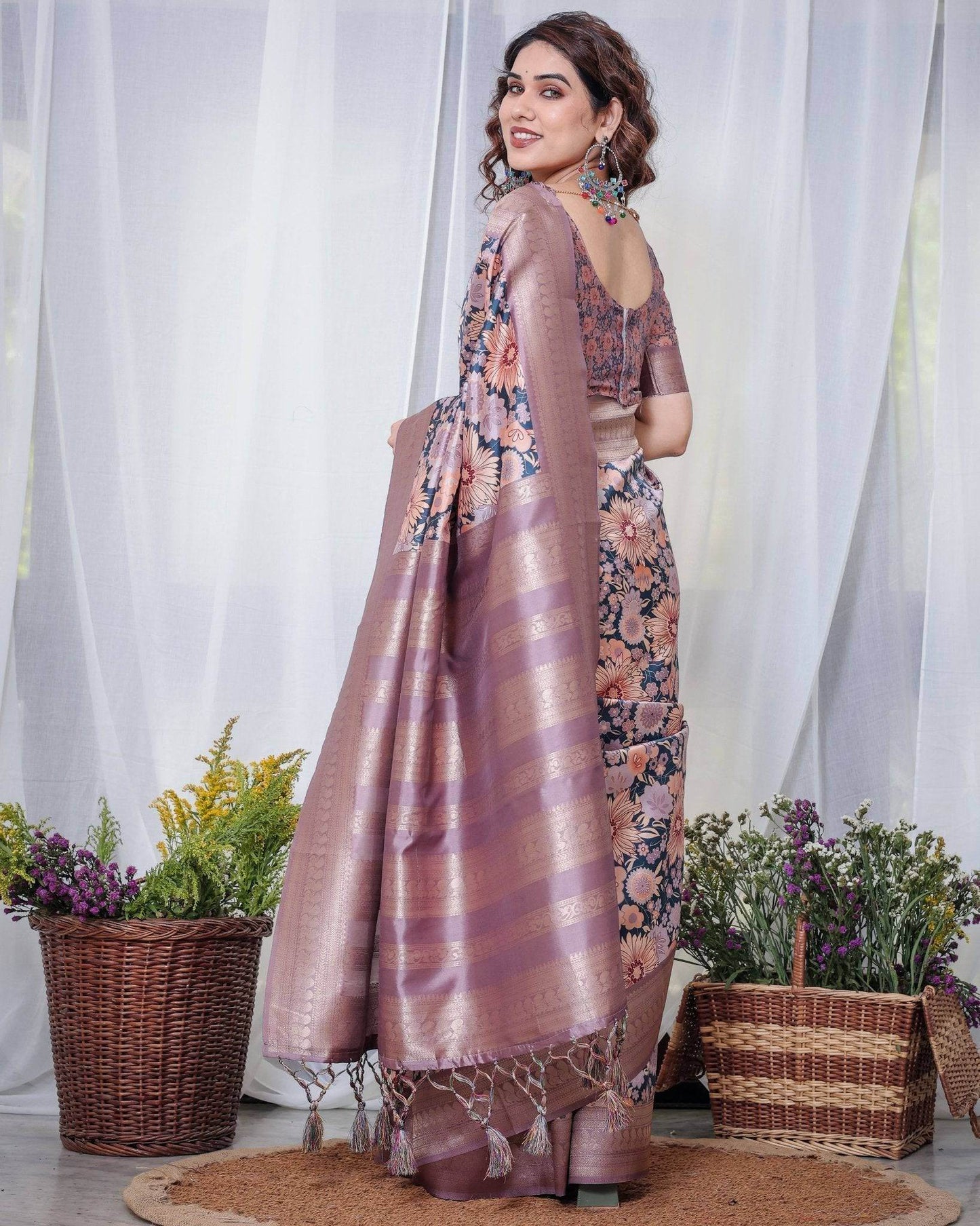 Lilac Banarasi Silk Saree with Pastel Floral Digital Print, Zari Border & Tassel Pallu - SEEANS