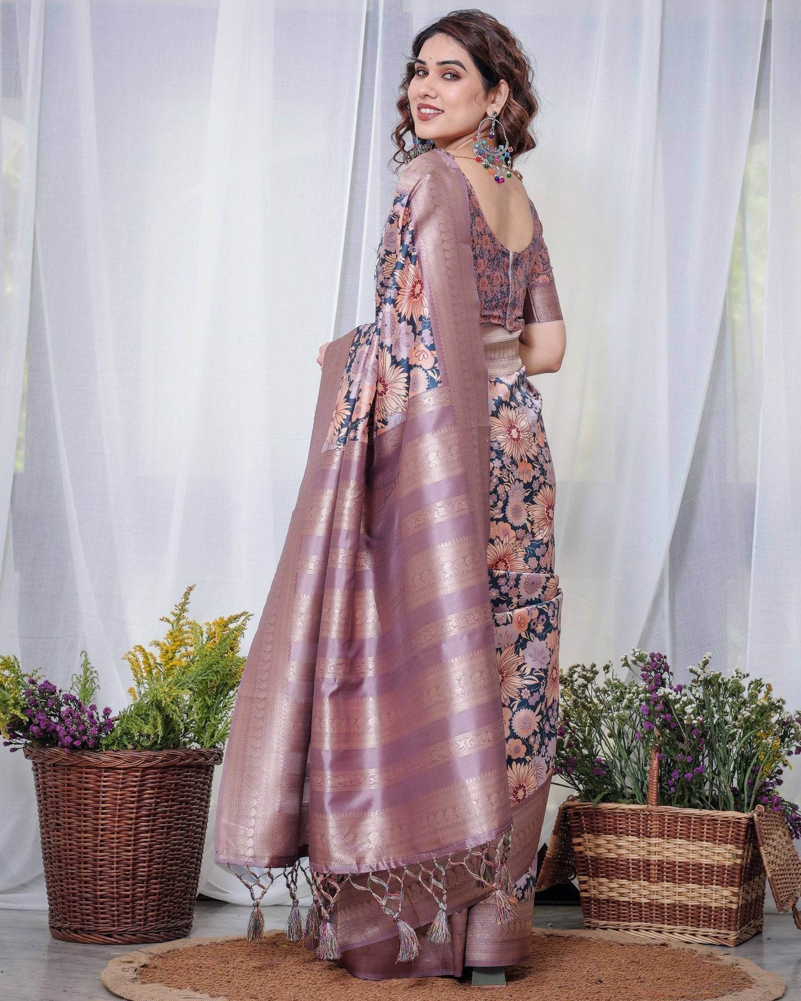 Lilac Banarasi Silk Saree with Pastel Floral Digital Print, Zari Border & Tassel Pallu - SEEANS