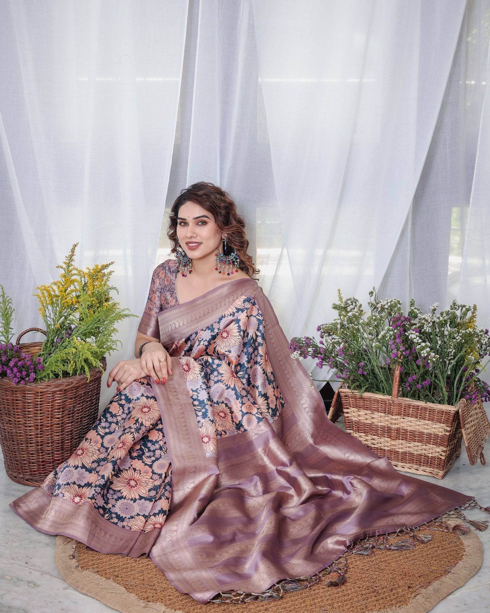 Lilac Banarasi Silk Saree with Pastel Floral Digital Print, Zari Border & Tassel Pallu - SEEANS