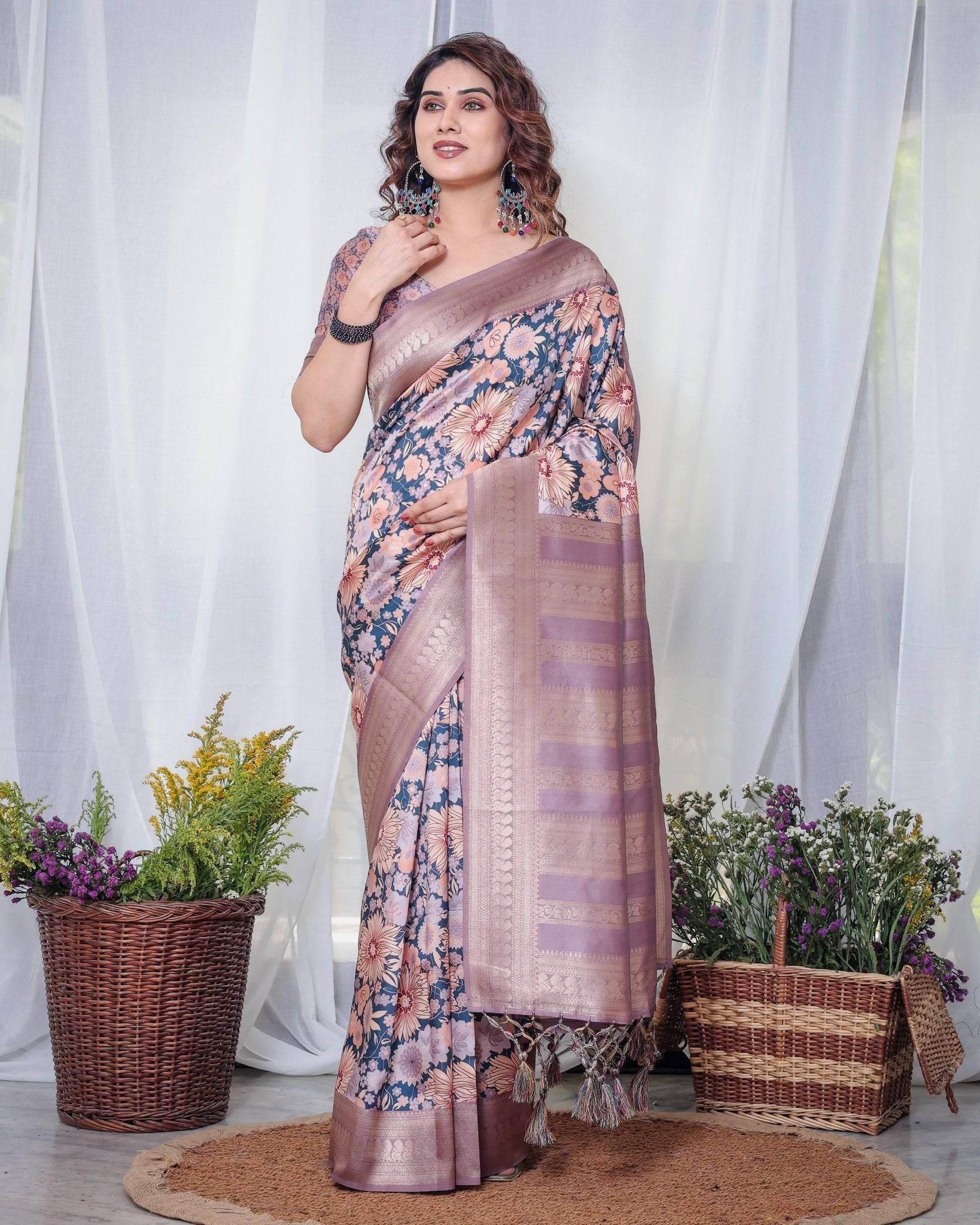 Lilac Banarasi Silk Saree with Pastel Floral Digital Print, Zari Border & Tassel Pallu - SEEANS