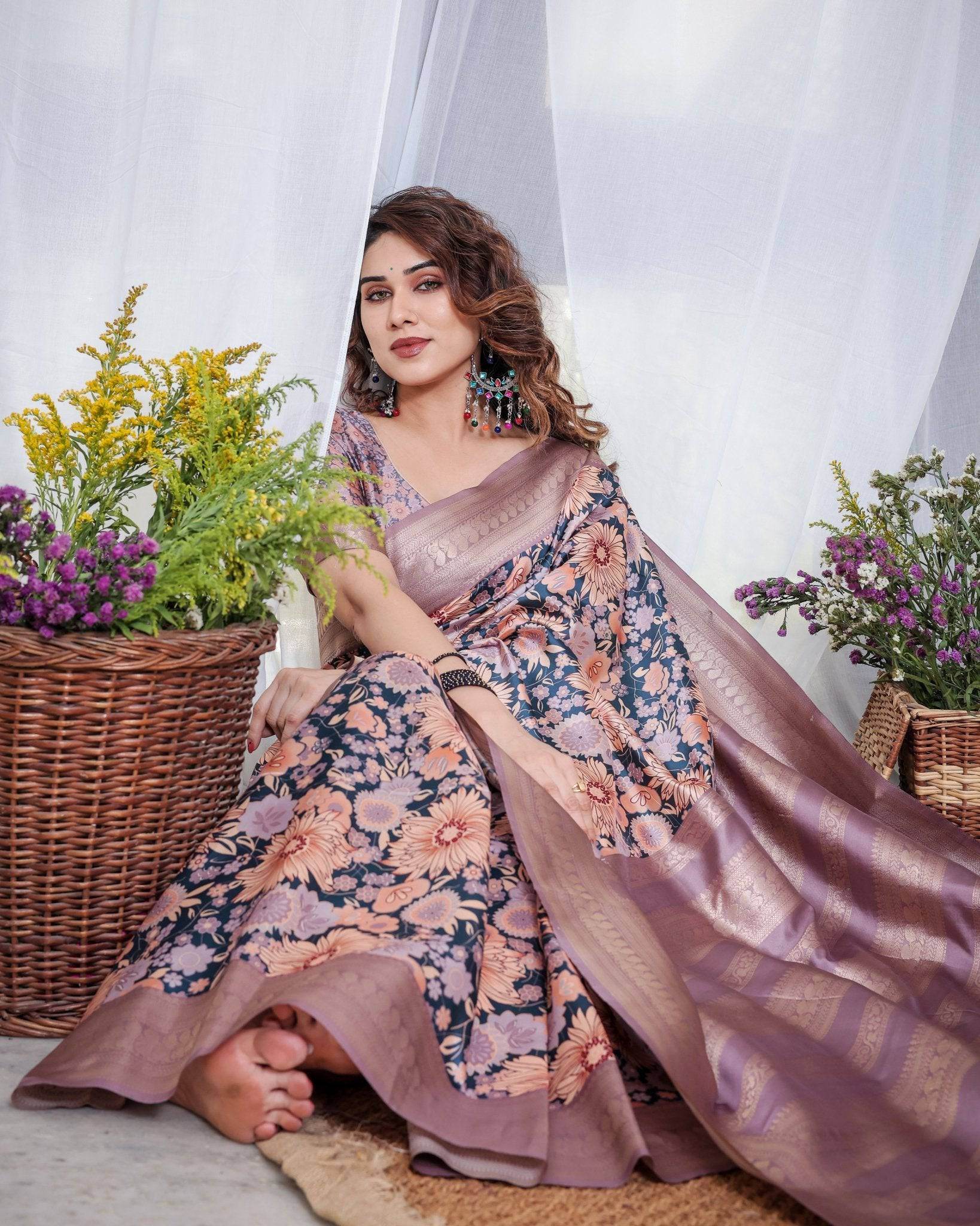 Lilac Banarasi Silk Saree with Pastel Floral Digital Print, Zari Border & Tassel Pallu - SEEANS