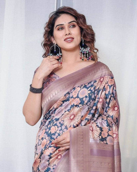 Lilac Banarasi Silk Saree with Pastel Floral Digital Print, Zari Border & Tassel Pallu - SEEANS