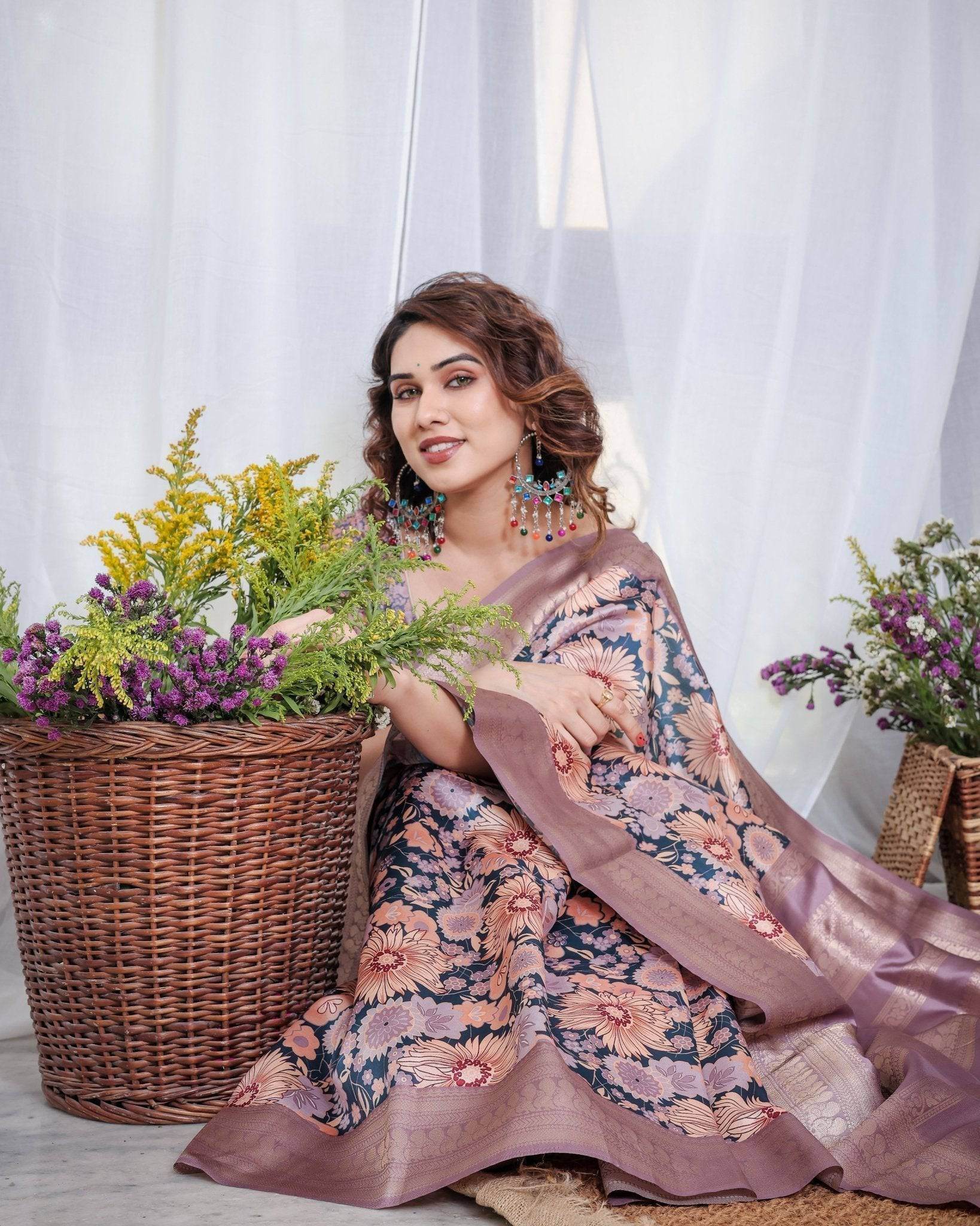 Lilac Banarasi Silk Saree with Pastel Floral Digital Print, Zari Border & Tassel Pallu - SEEANS