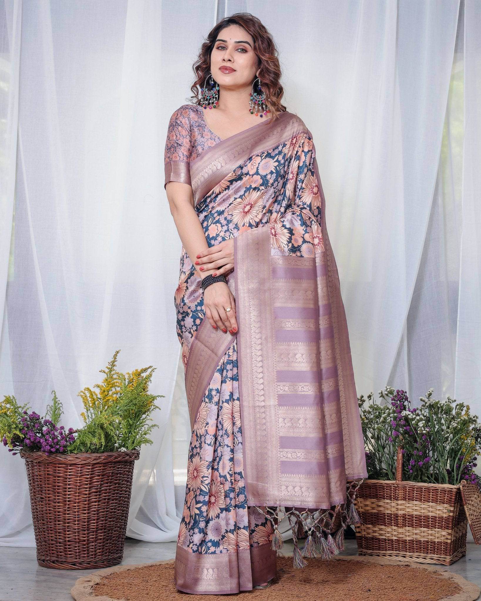 Lilac Banarasi Silk Saree with Pastel Floral Digital Print, Zari Border & Tassel Pallu - SEEANS