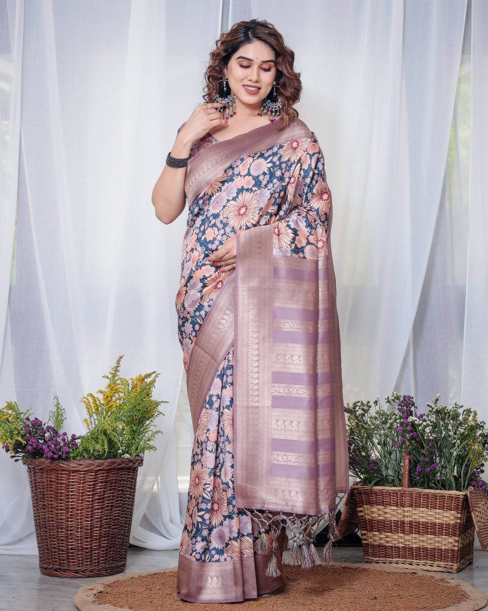 Lilac Banarasi Silk Saree with Pastel Floral Digital Print, Zari Border & Tassel Pallu - SEEANS
