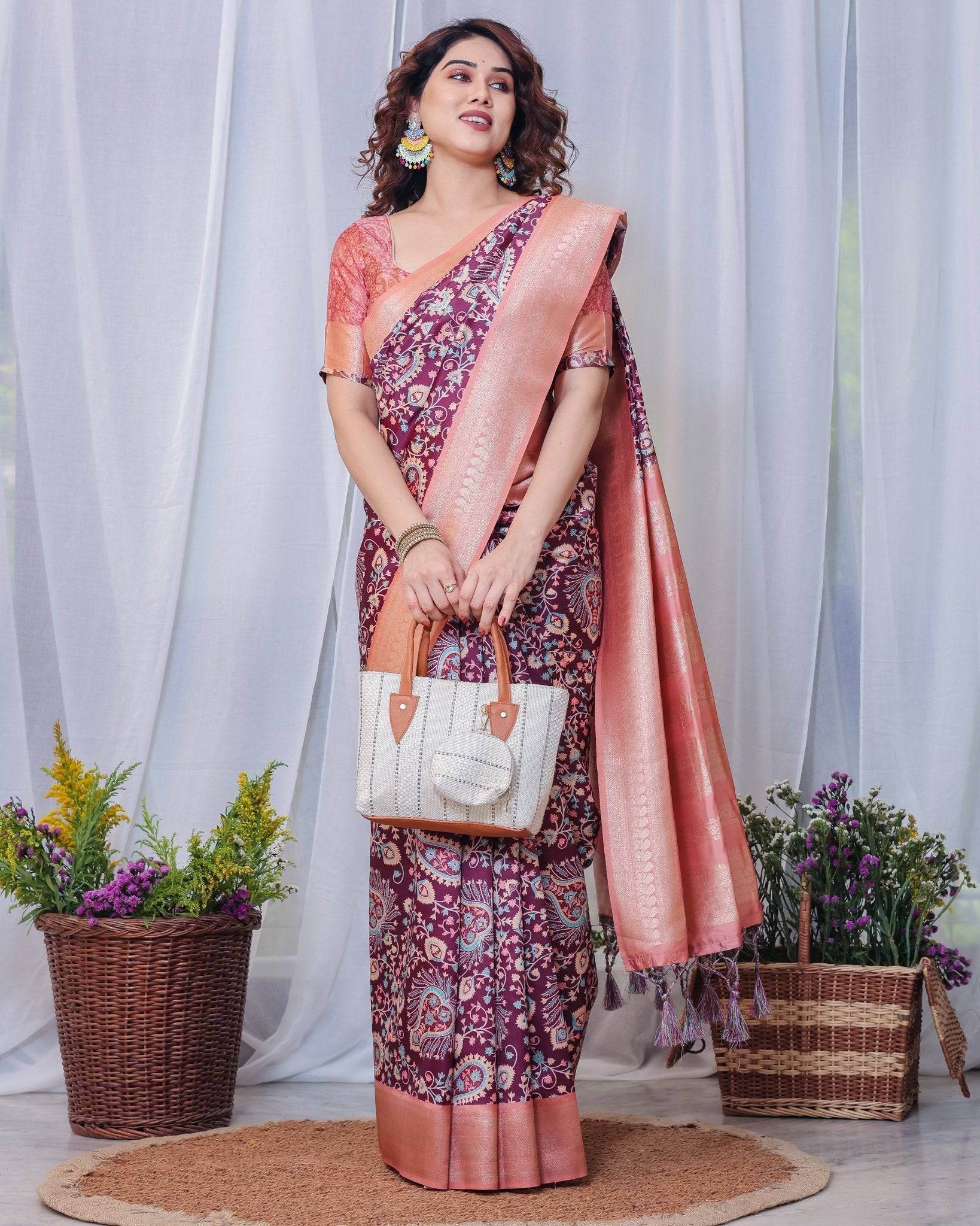 Regal Maroon and Peach Banarasi Silk Saree with Delicate Tassels - SEEANS