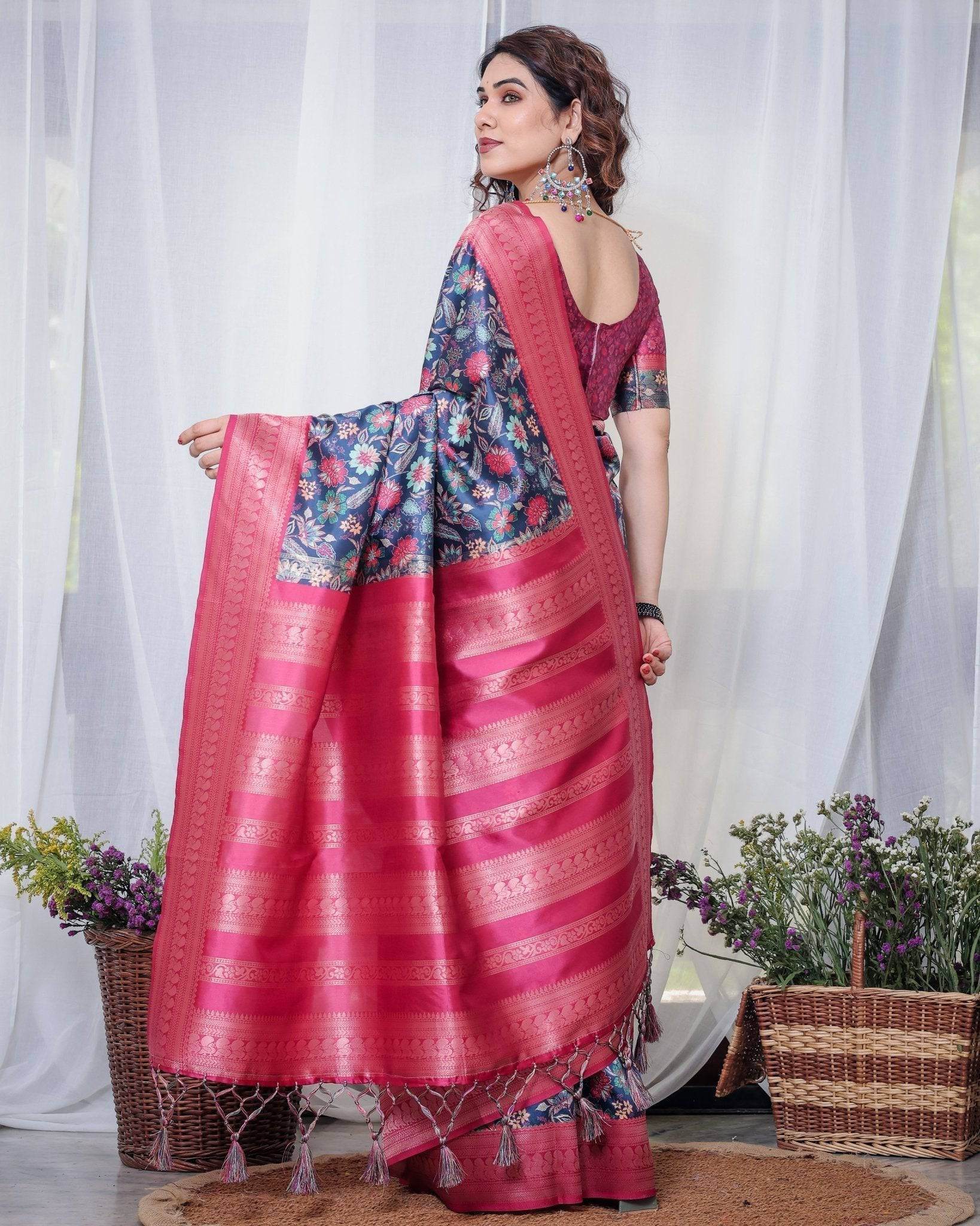 Navy Blue Banarasi Silk Saree with Floral Digital Print, Pink Zari Border & Tassel Pallu - SEEANS