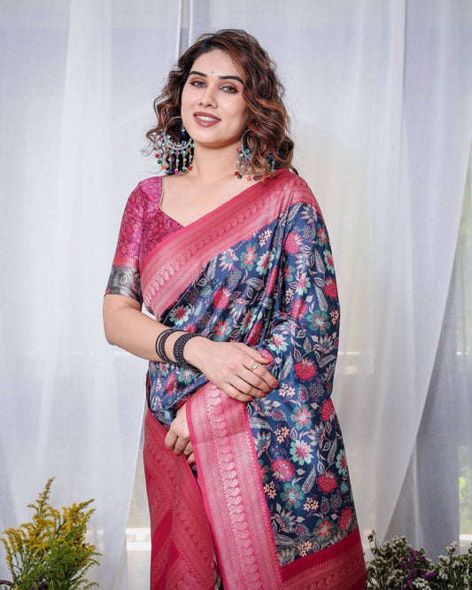Navy Blue Banarasi Silk Saree with Floral Digital Print, Pink Zari Border & Tassel Pallu - SEEANS