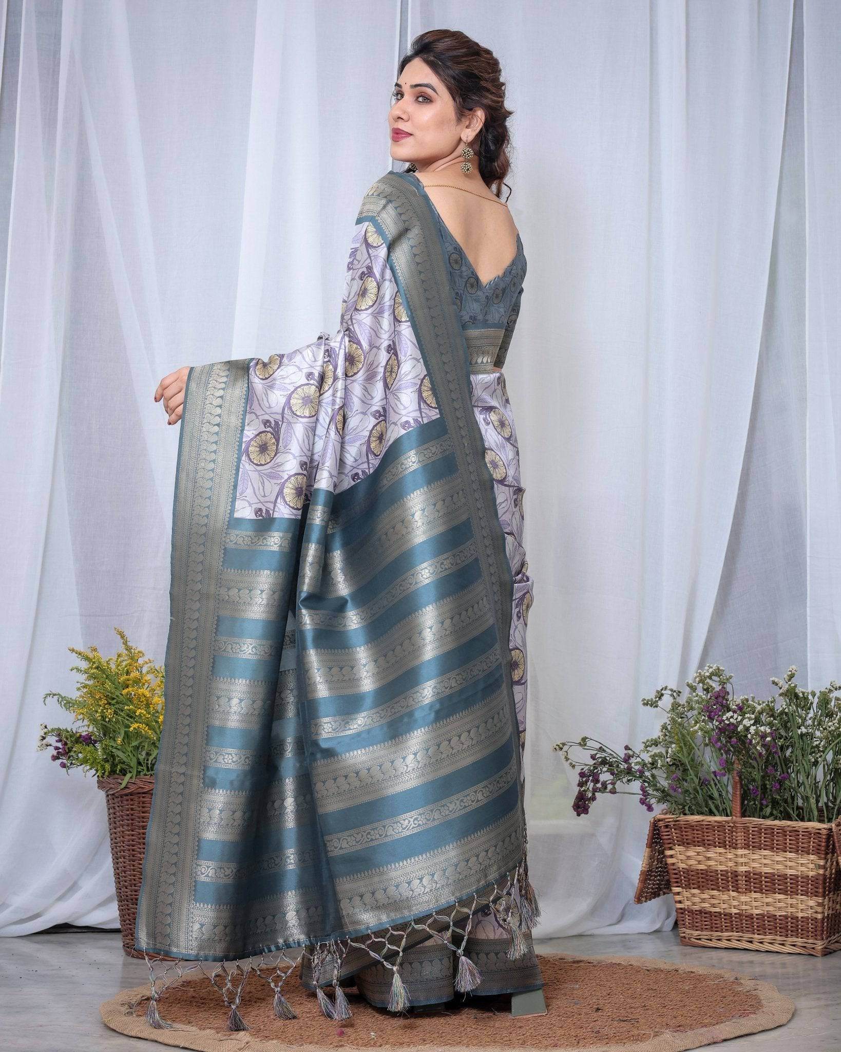 Graceful Banarasi Digitally Printed Silk Saree in Silver and Teal with Zari Work and Tassels - SEEANS