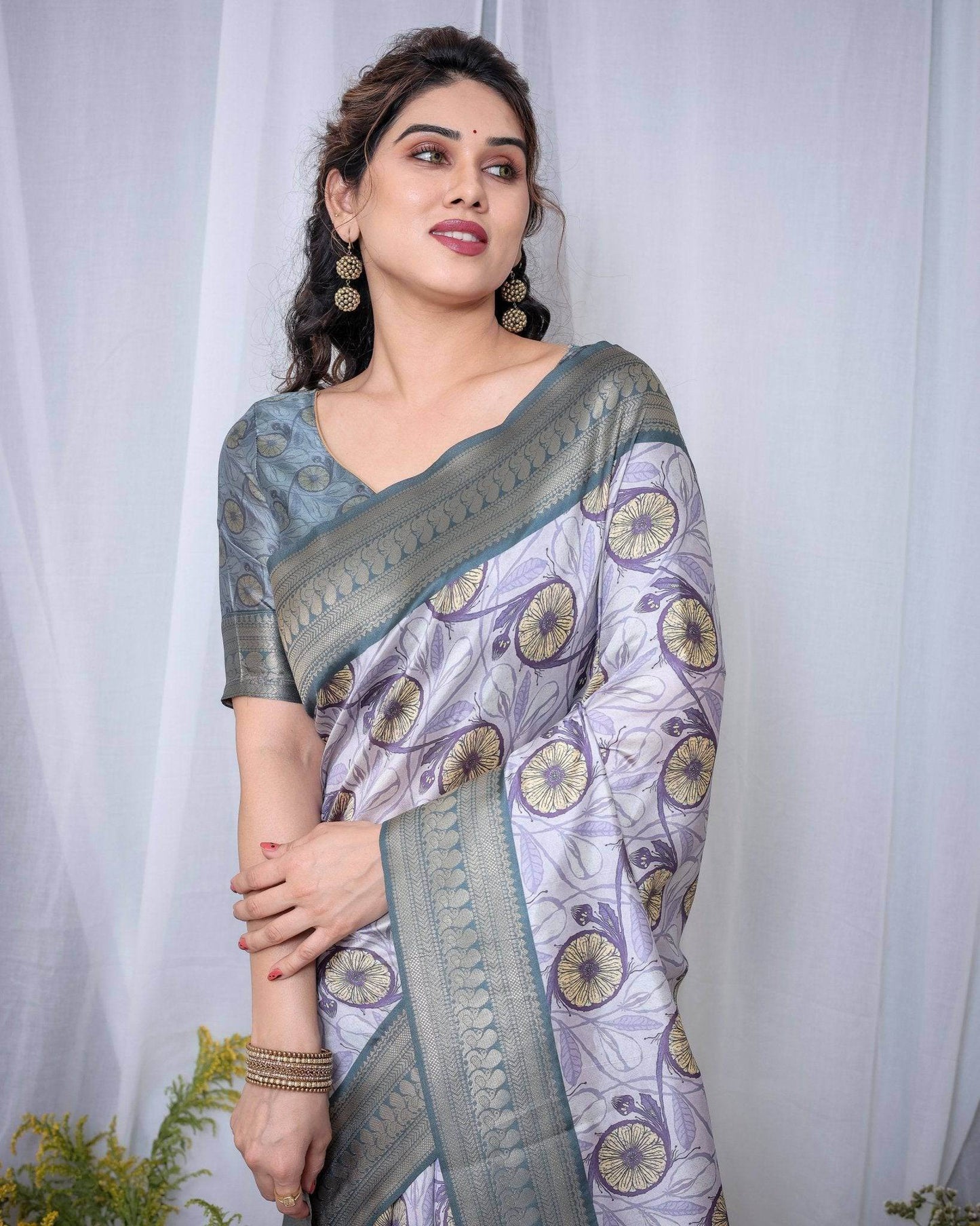 Graceful Banarasi Digitally Printed Silk Saree in Silver and Teal with Zari Work and Tassels - SEEANS