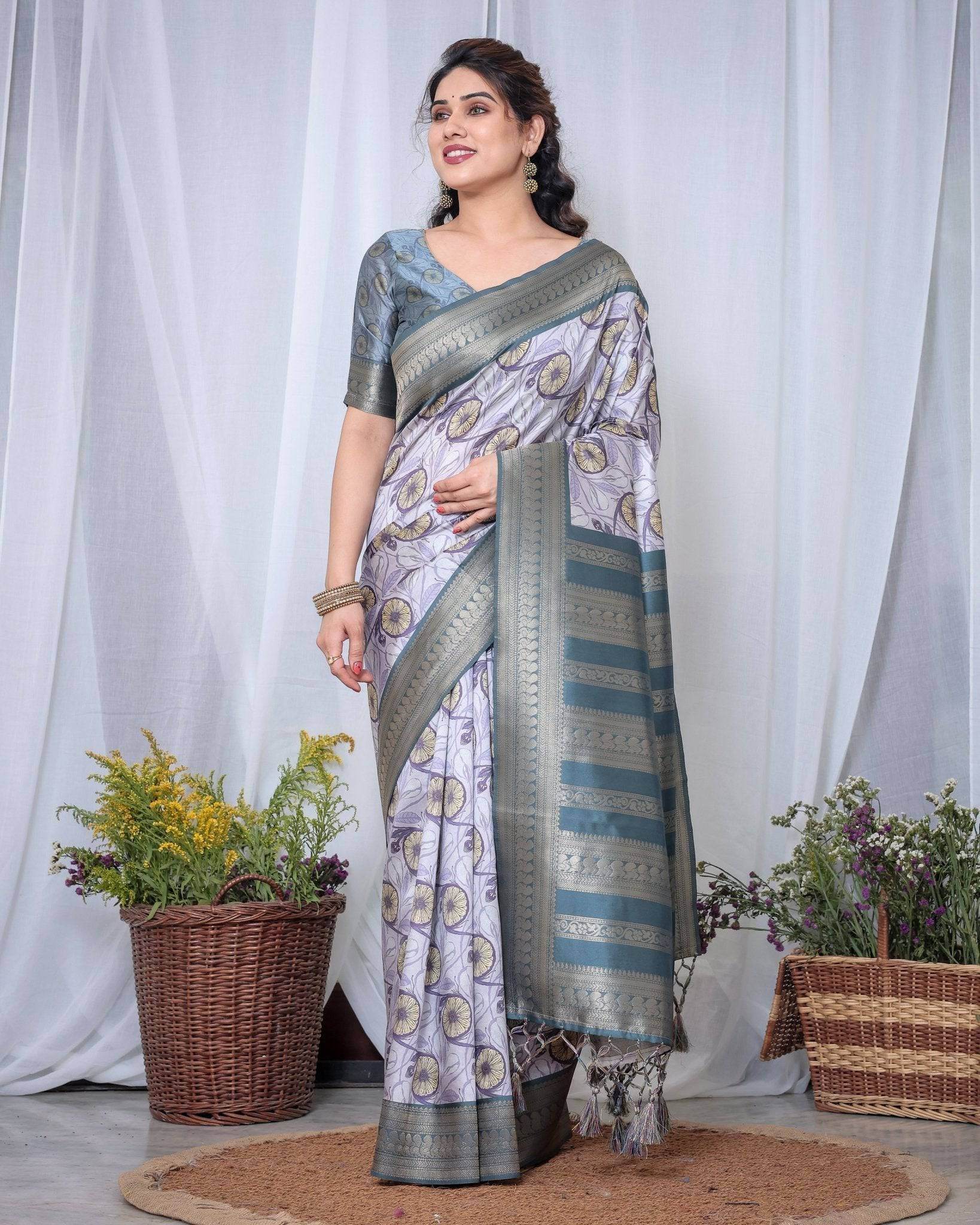 Graceful Banarasi Digitally Printed Silk Saree in Silver and Teal with Zari Work and Tassels - SEEANS