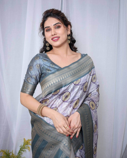 Graceful Banarasi Digitally Printed Silk Saree in Silver and Teal with Zari Work and Tassels - SEEANS
