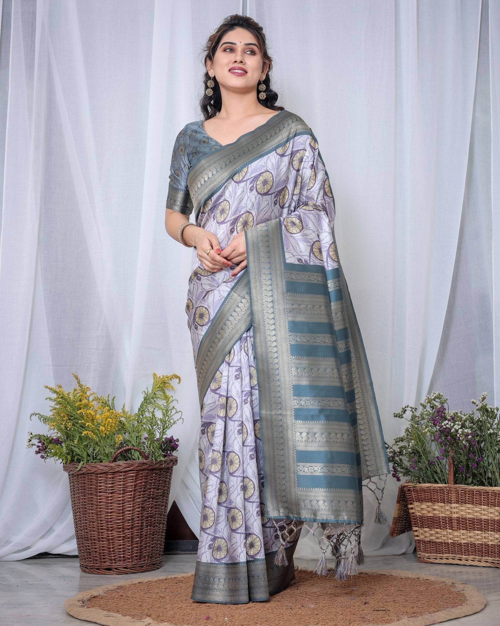 Graceful Banarasi Digitally Printed Silk Saree in Silver and Teal with Zari Work and Tassels - SEEANS