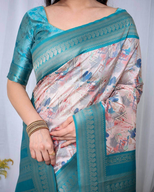 Ivory Banarasi Silk Saree with Pink Ikat Digital Print, Zari Border & Tassel Pallu - SEEANS
