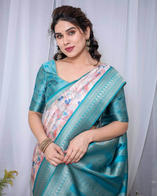Ivory Banarasi Silk Saree with Pink Ikat Digital Print, Zari Border & Tassel Pallu - SEEANS