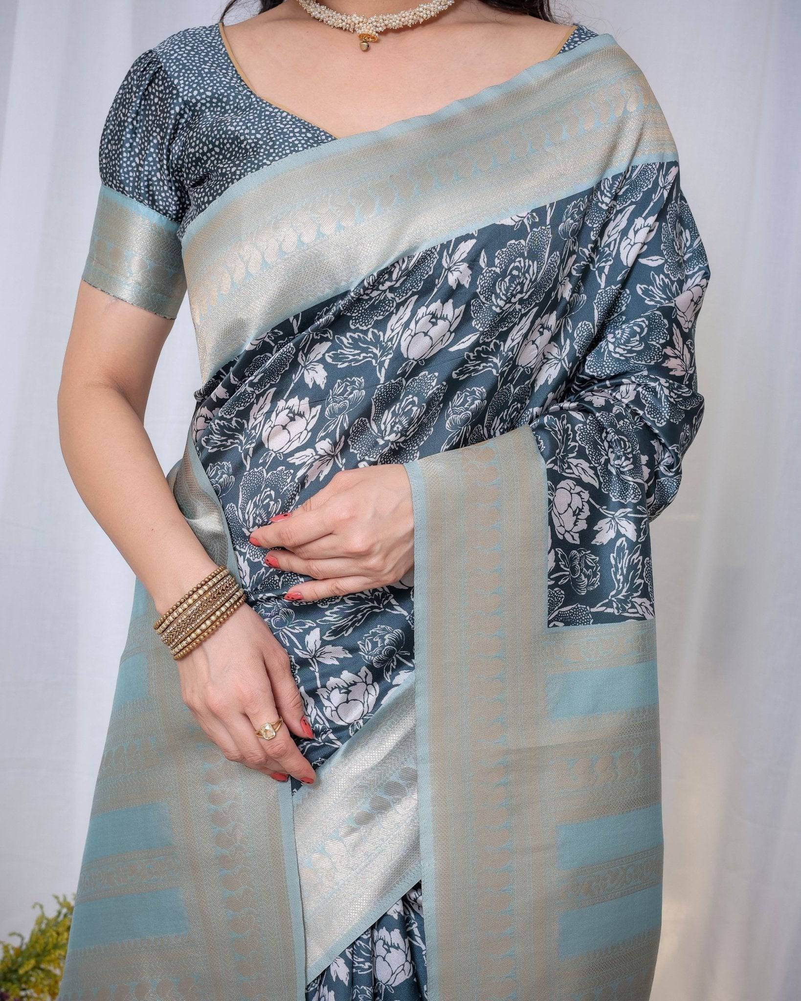Timeless Blue and Silver Banarasi Silk Saree with Floral Design and Tassels - SEEANS