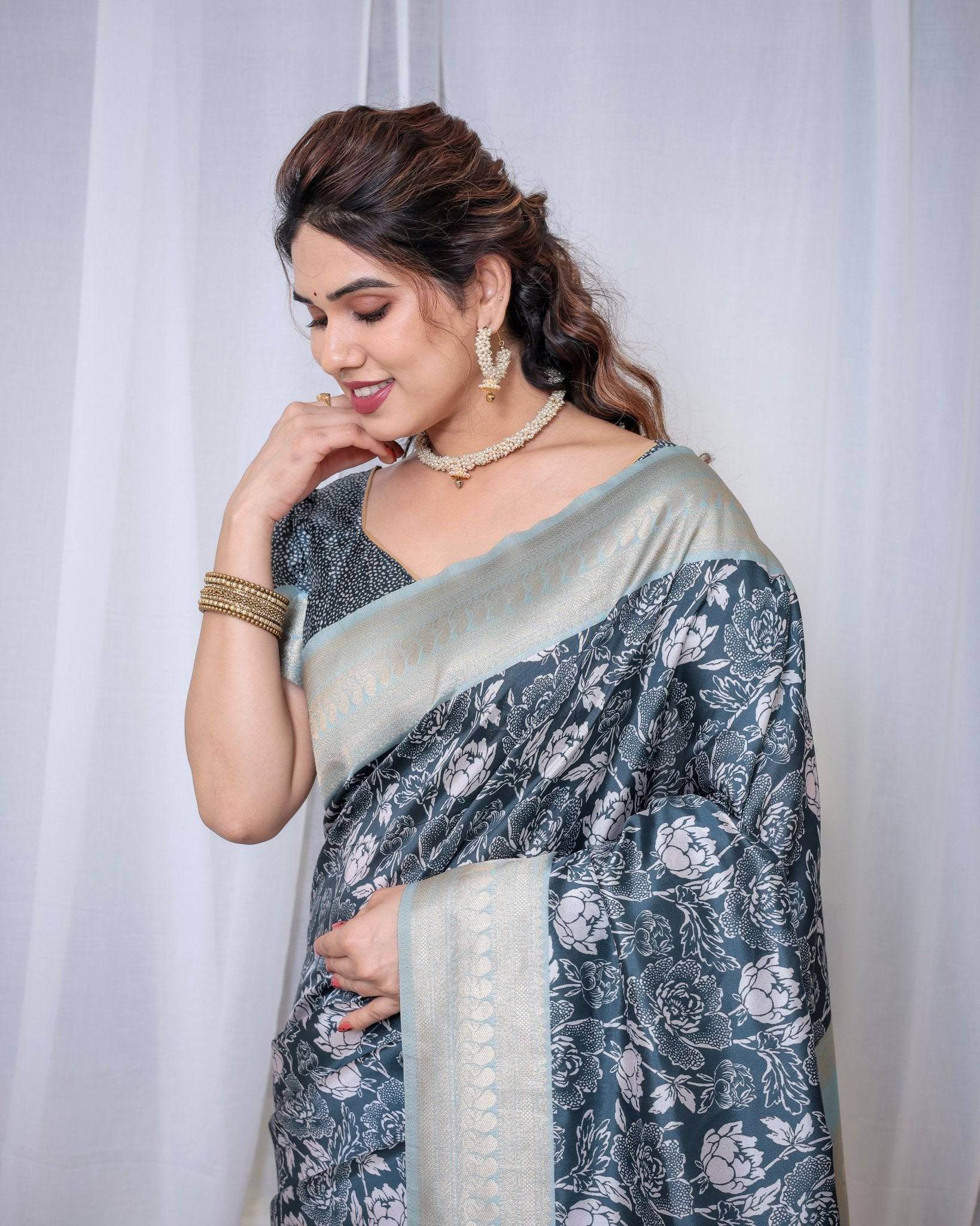 Timeless Blue and Silver Banarasi Silk Saree with Floral Design and Tassels - SEEANS