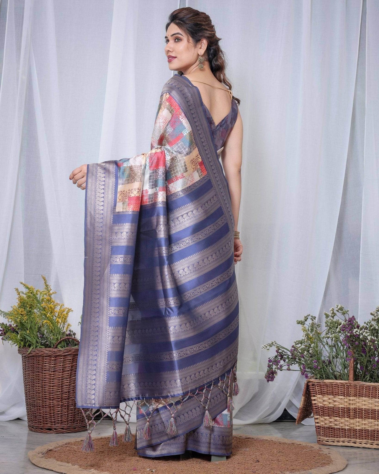 Blue Banarasi Silk Saree with Multicolor Patchwork Digital Print, Zari Border & Tassel Pallu - SEEANS