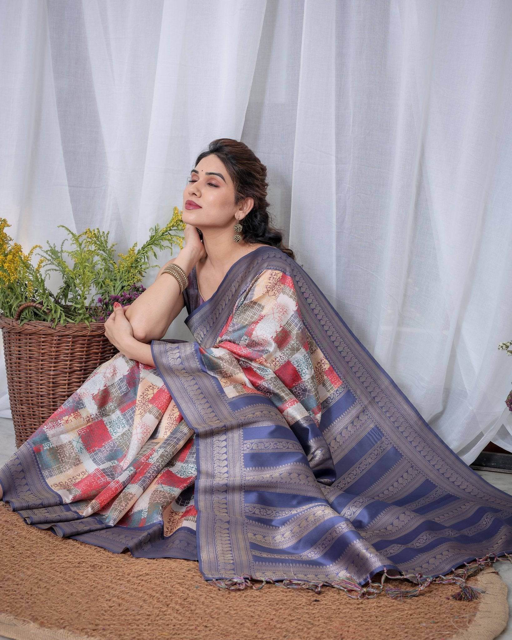 Blue Banarasi Silk Saree with Multicolor Patchwork Digital Print, Zari Border & Tassel Pallu - SEEANS