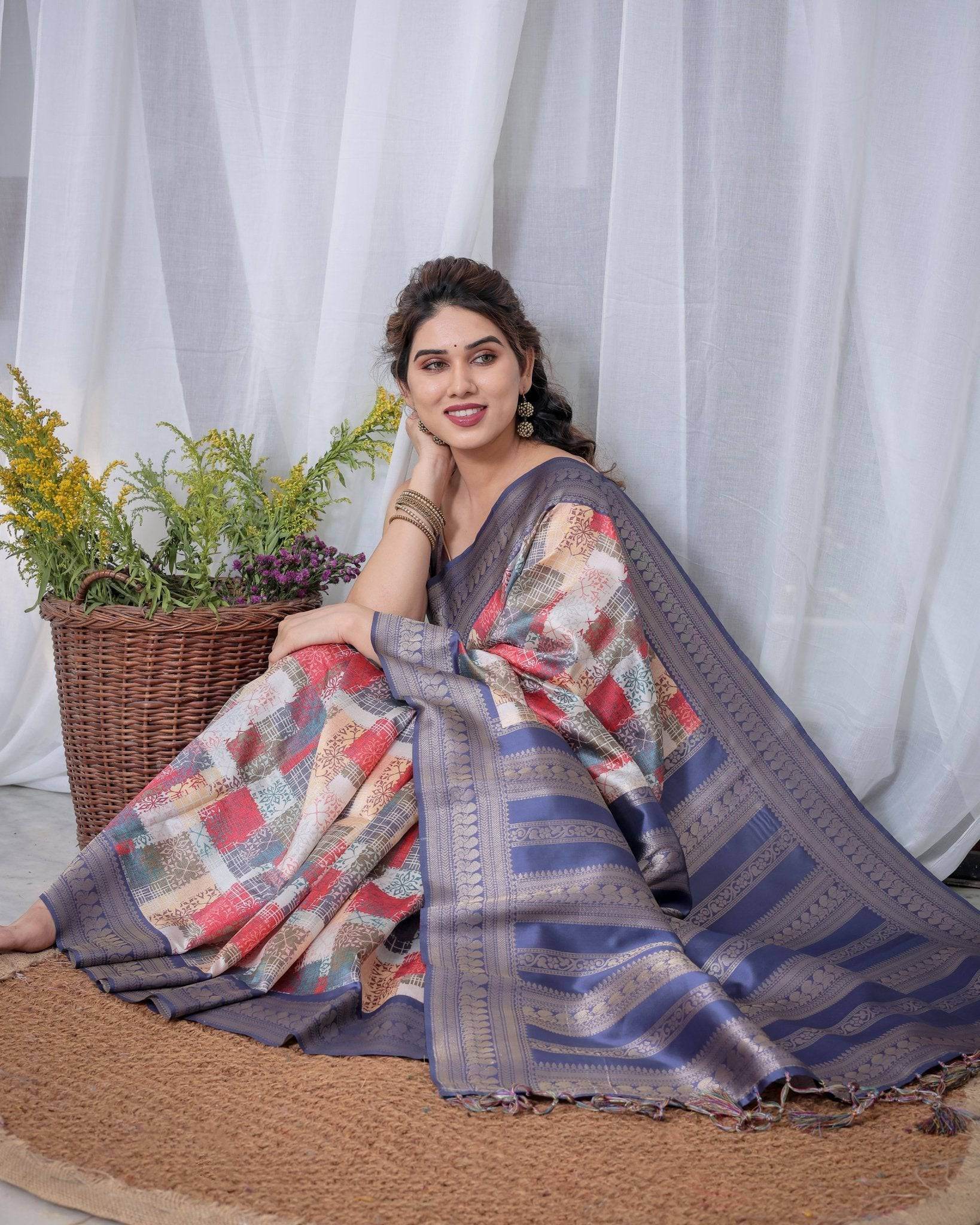 Blue Banarasi Silk Saree with Multicolor Patchwork Digital Print, Zari Border & Tassel Pallu - SEEANS