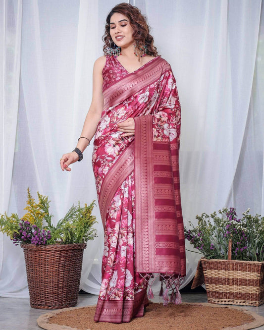 Graceful Maroon Floral Banarasi Silk Saree with Tassels - SEEANS