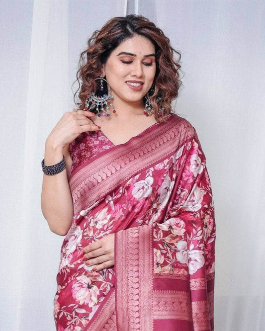 Graceful Maroon Floral Banarasi Silk Saree with Tassels - SEEANS