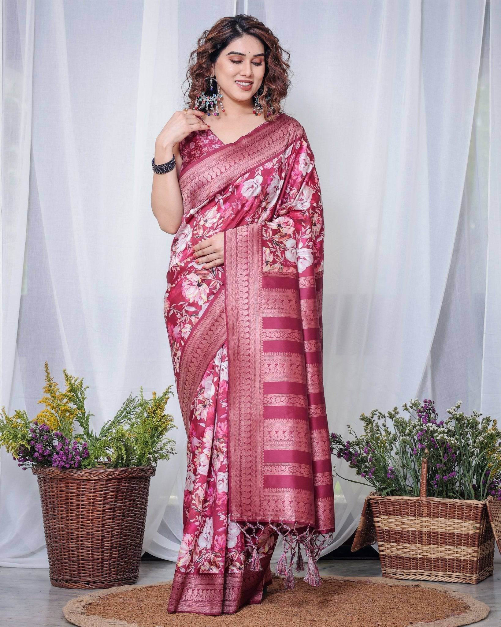 Graceful Maroon Floral Banarasi Silk Saree with Tassels - SEEANS
