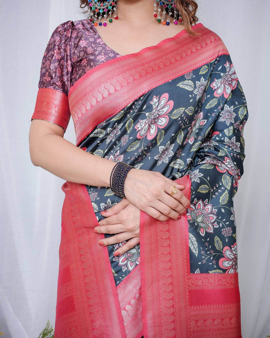 Regal Navy Blue and Pink Floral Banarasi Silk Saree with Tassels - SEEANS