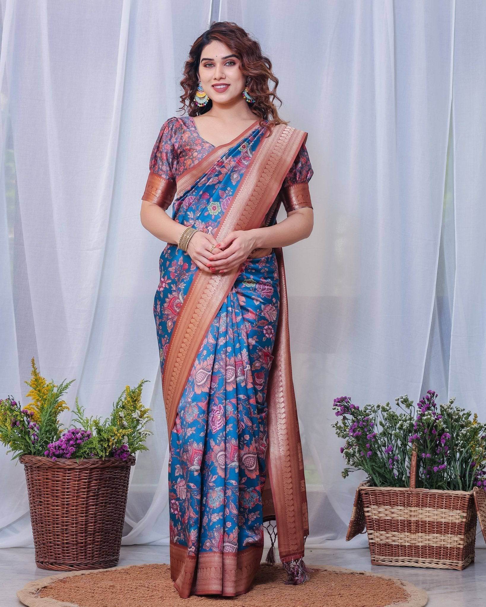 Regal Blue and Copper Zari Digital Print Silk Saree with Tassels - SEEANS