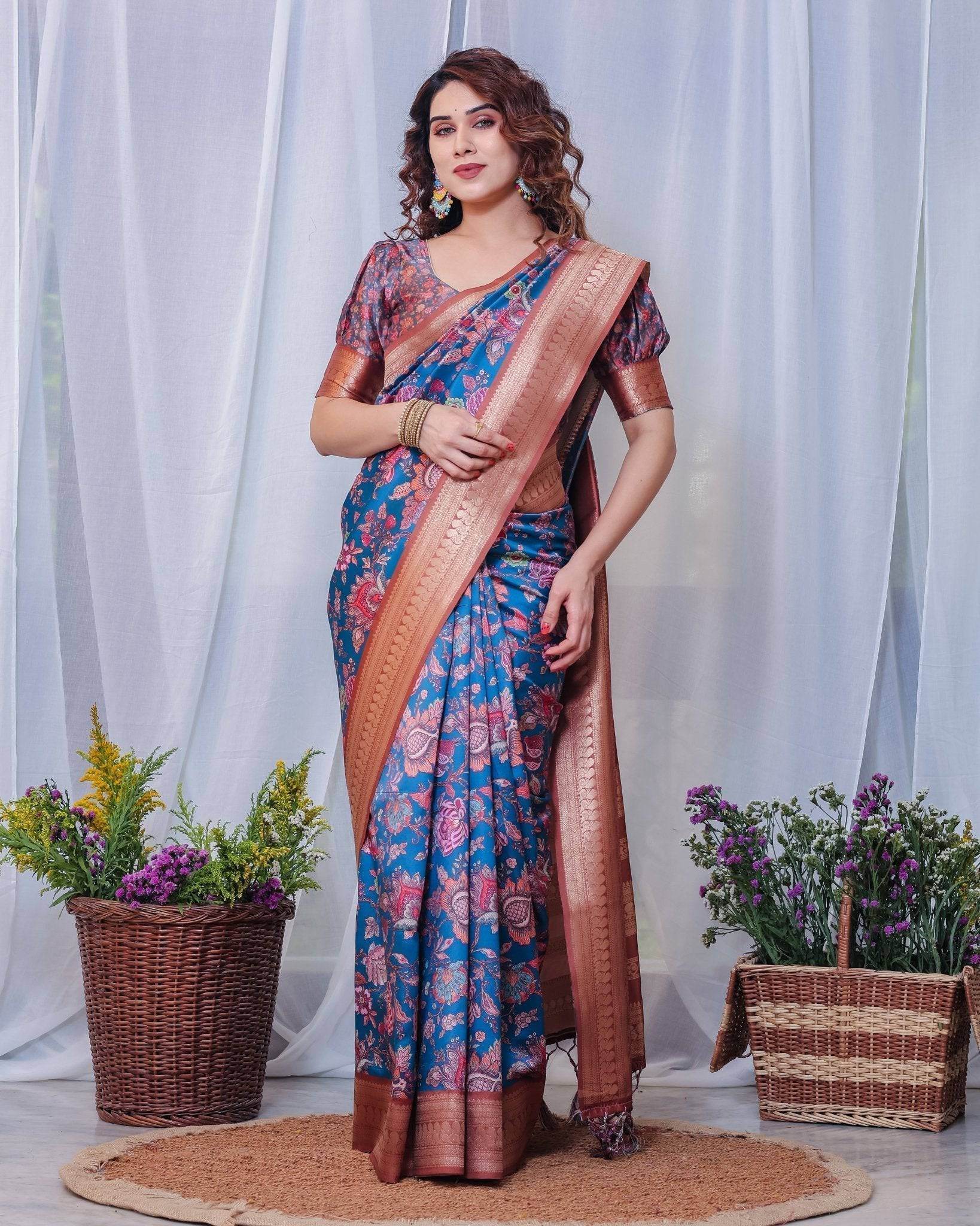 Regal Blue and Copper Zari Digital Print Silk Saree with Tassels - SEEANS