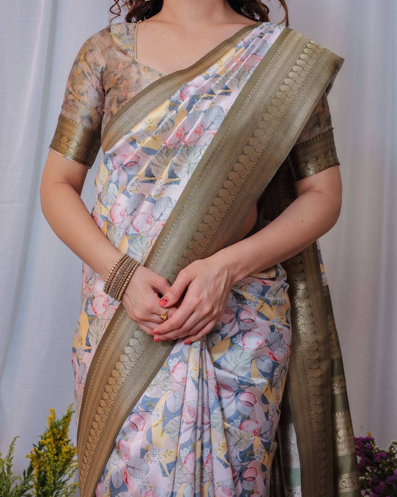 Sophisticated White and Olive Floral Digital Print Silk Saree with Zari Tassels - SEEANS
