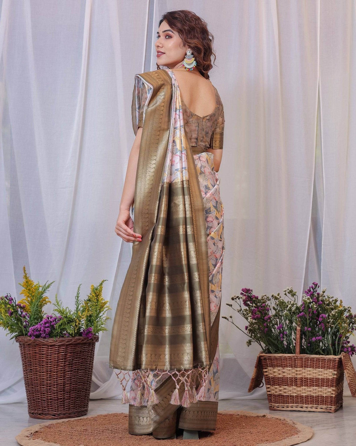 Sophisticated White and Olive Floral Digital Print Silk Saree with Zari Tassels - SEEANS