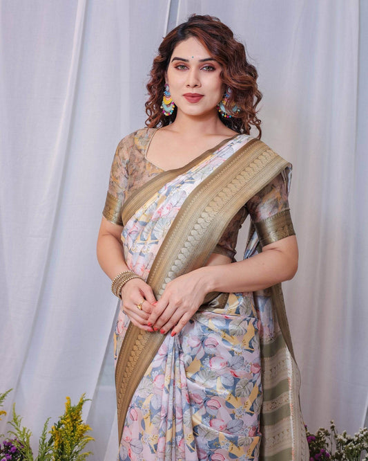 Sophisticated White and Olive Floral Digital Print Silk Saree with Zari Tassels - SEEANS