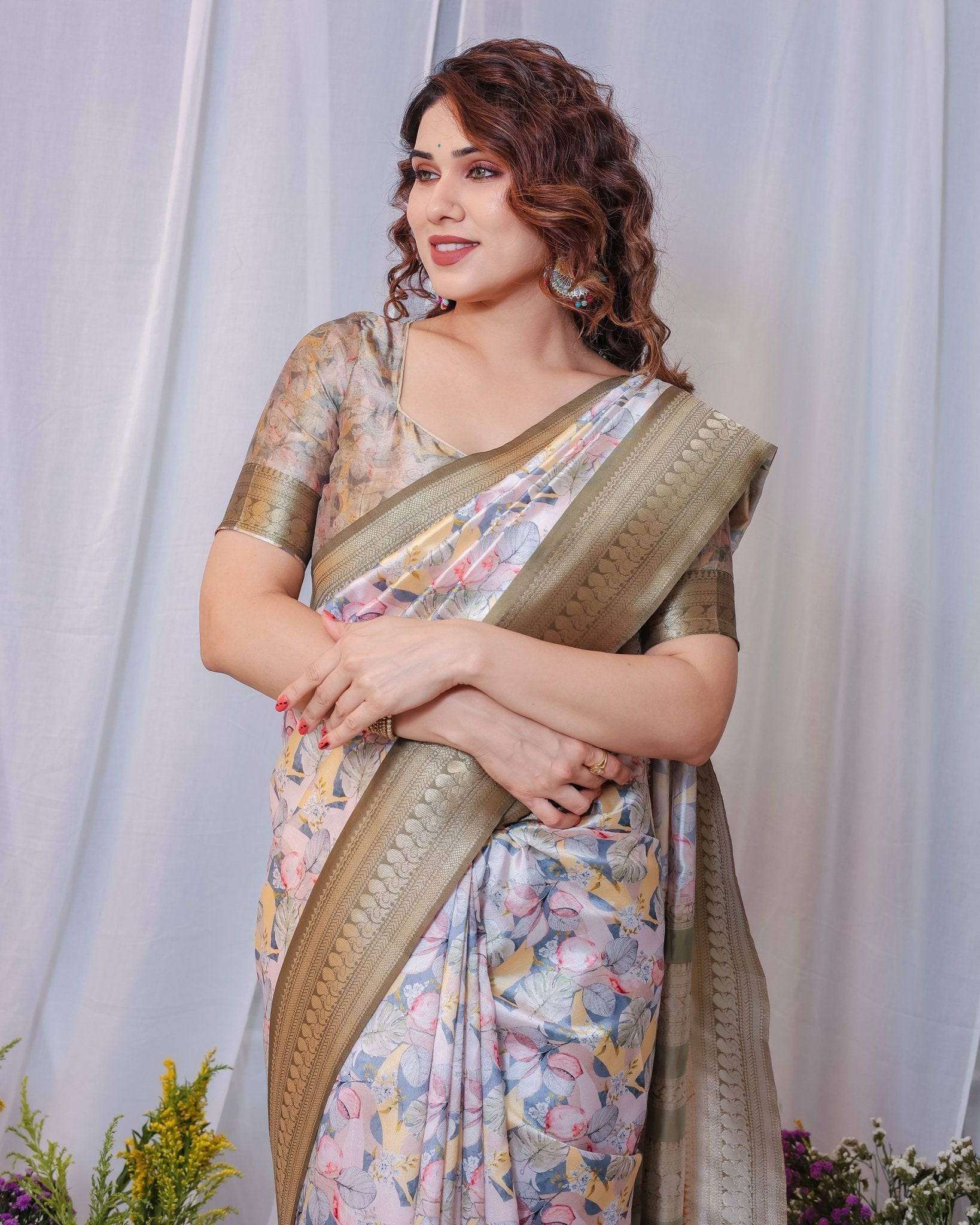 Sophisticated White and Olive Floral Digital Print Silk Saree with Zari Tassels - SEEANS