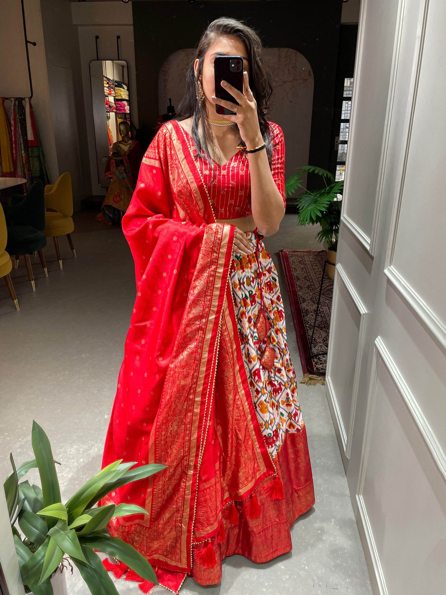 Vibrant Dola Silk Lehenga Choli for Navratri – Traditional & Festive Wear with Patola Print and Foil Work - SEEANS