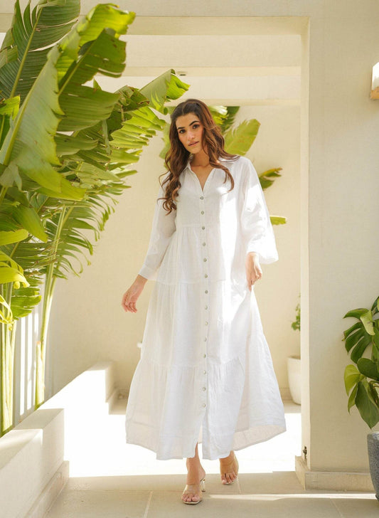Stylish Solid White Linen Blend Western Maxi Dress - SEEANS