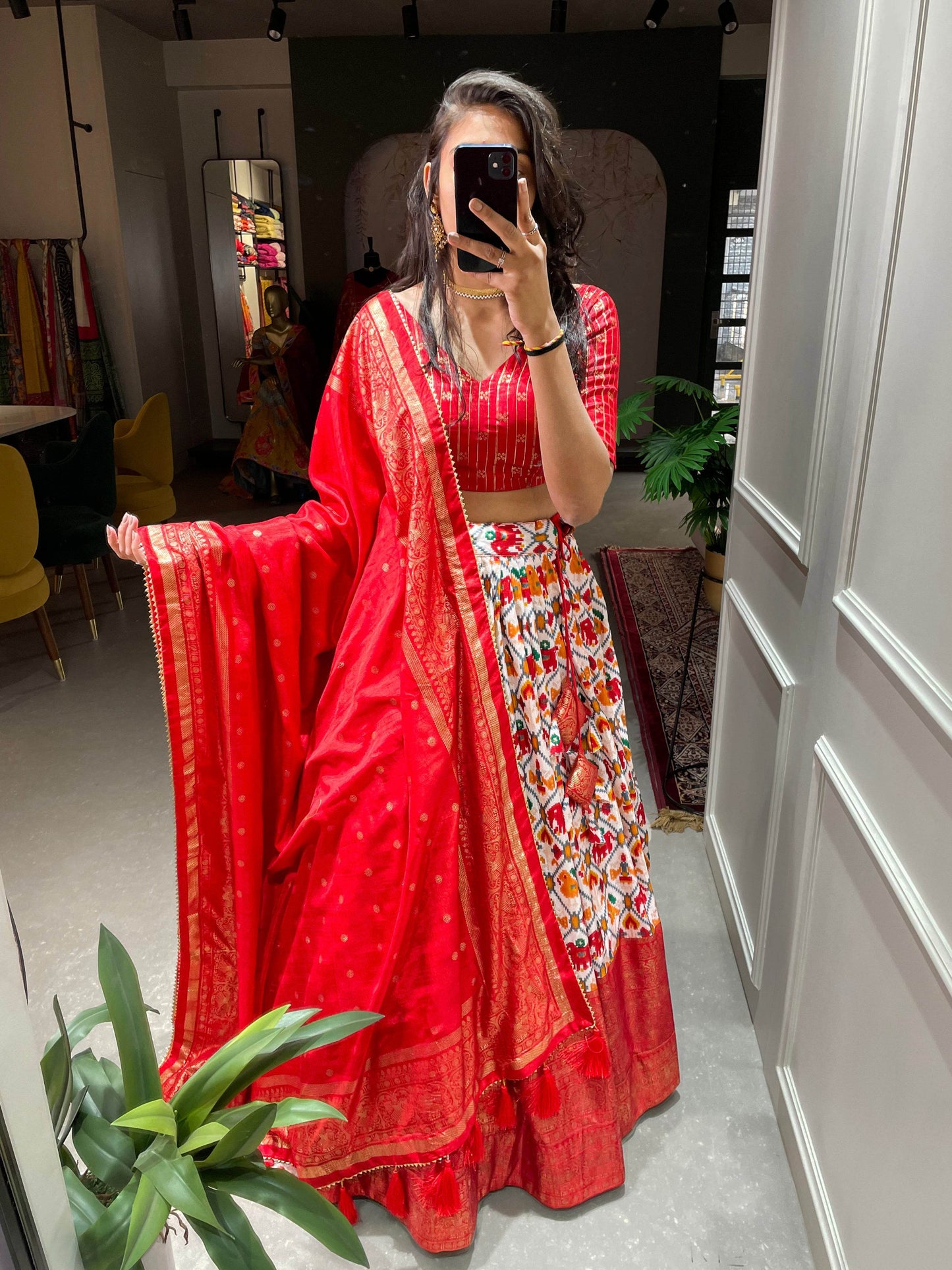Vibrant Dola Silk Lehenga Choli for Navratri – Traditional & Festive Wear with Patola Print and Foil Work - SEEANS