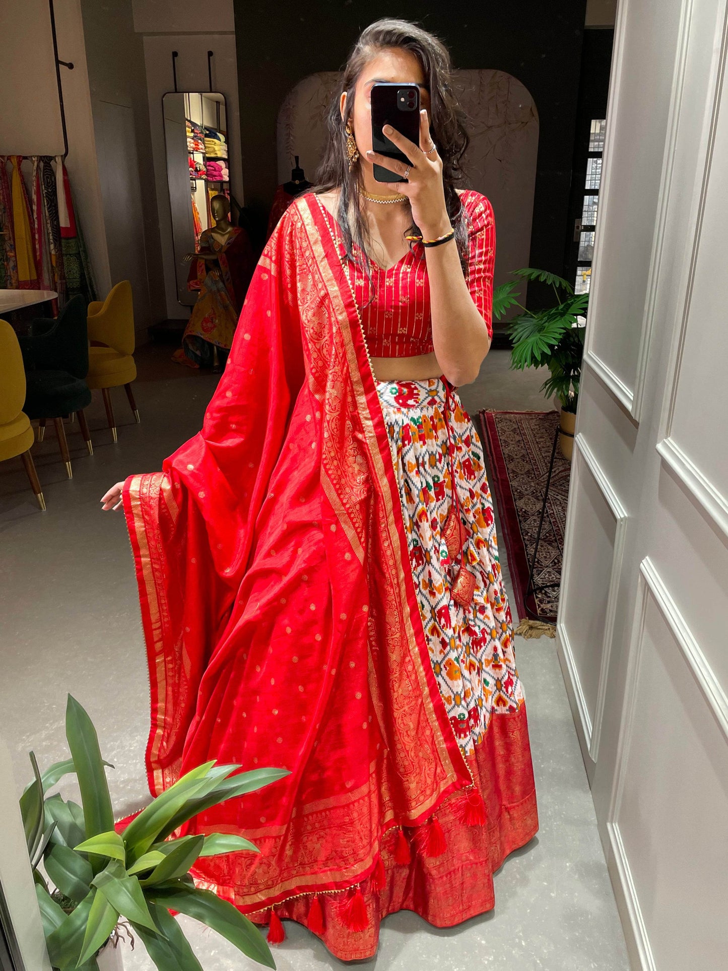 Vibrant Dola Silk Lehenga Choli for Navratri – Traditional & Festive Wear with Patola Print and Foil Work - SEEANS