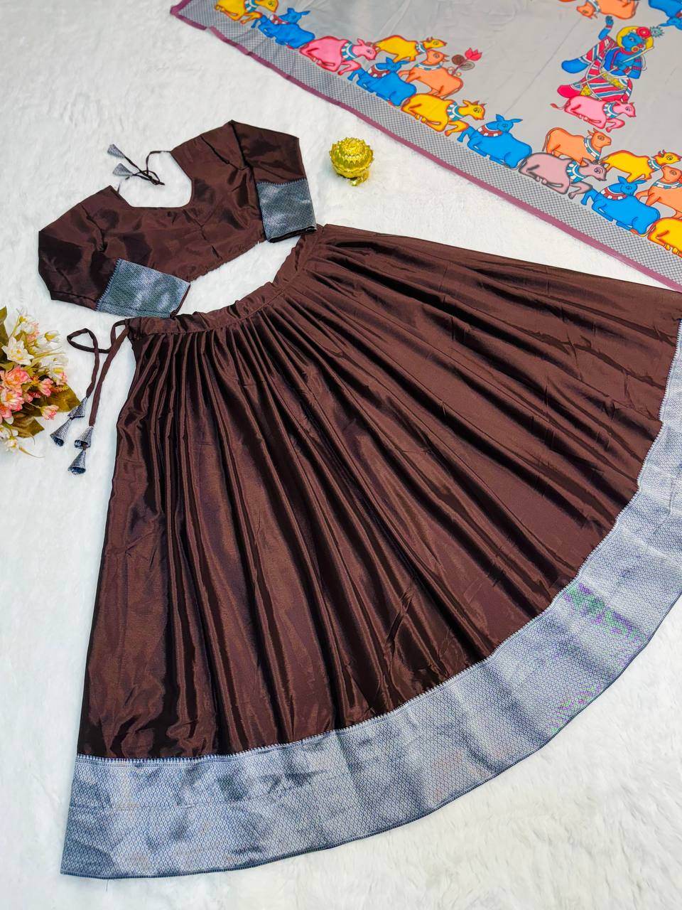 Kalamkari Lehenga Choli - Chinon Fabric, Heavy Weaving Work - SEEANS
