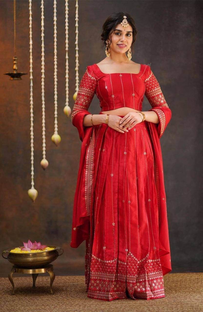 New Designer Chinon Embroidery Stitched Lehenga Choli with Dupatta - SEEANS