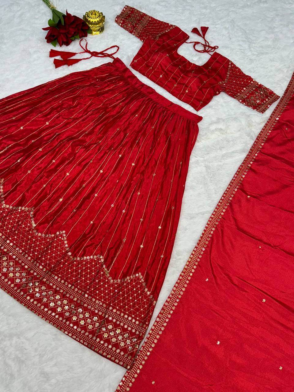 New Designer Chinon Embroidery Stitched Lehenga Choli with Dupatta - SEEANS