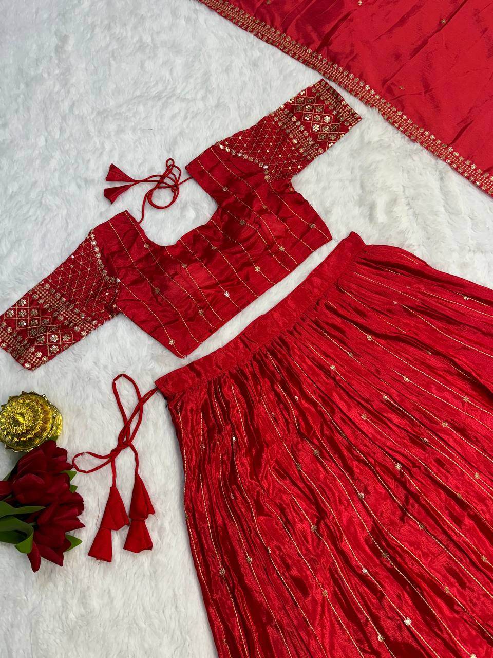 New Designer Chinon Embroidery Stitched Lehenga Choli with Dupatta - SEEANS