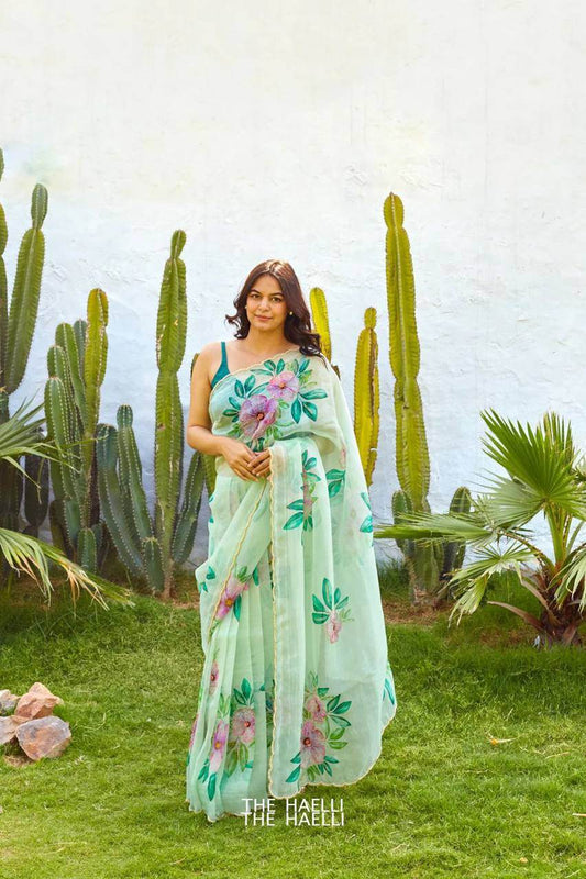 Pastel Green Organza Saree with Handpainted & Handwork Floral Design - SEEANS