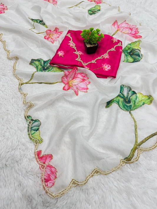 Graceful TB Organza Saree with Khatli Work & Lace Border - SEEANS